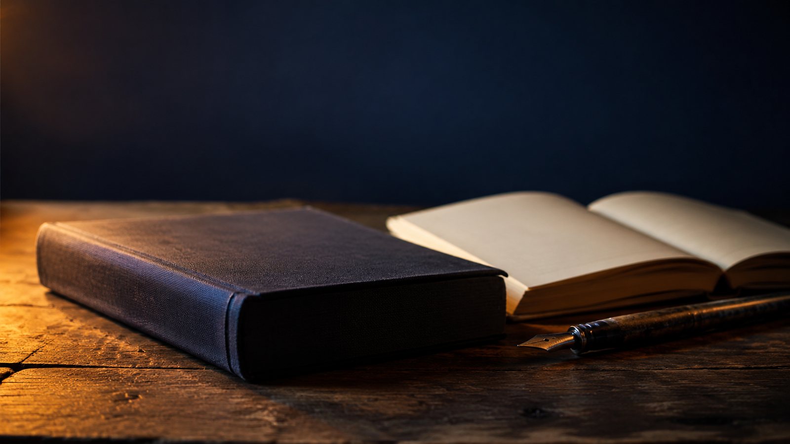 Libro encuadernado cerrado sobre una mesa de madera, con un cuaderno abierto y una pluma
