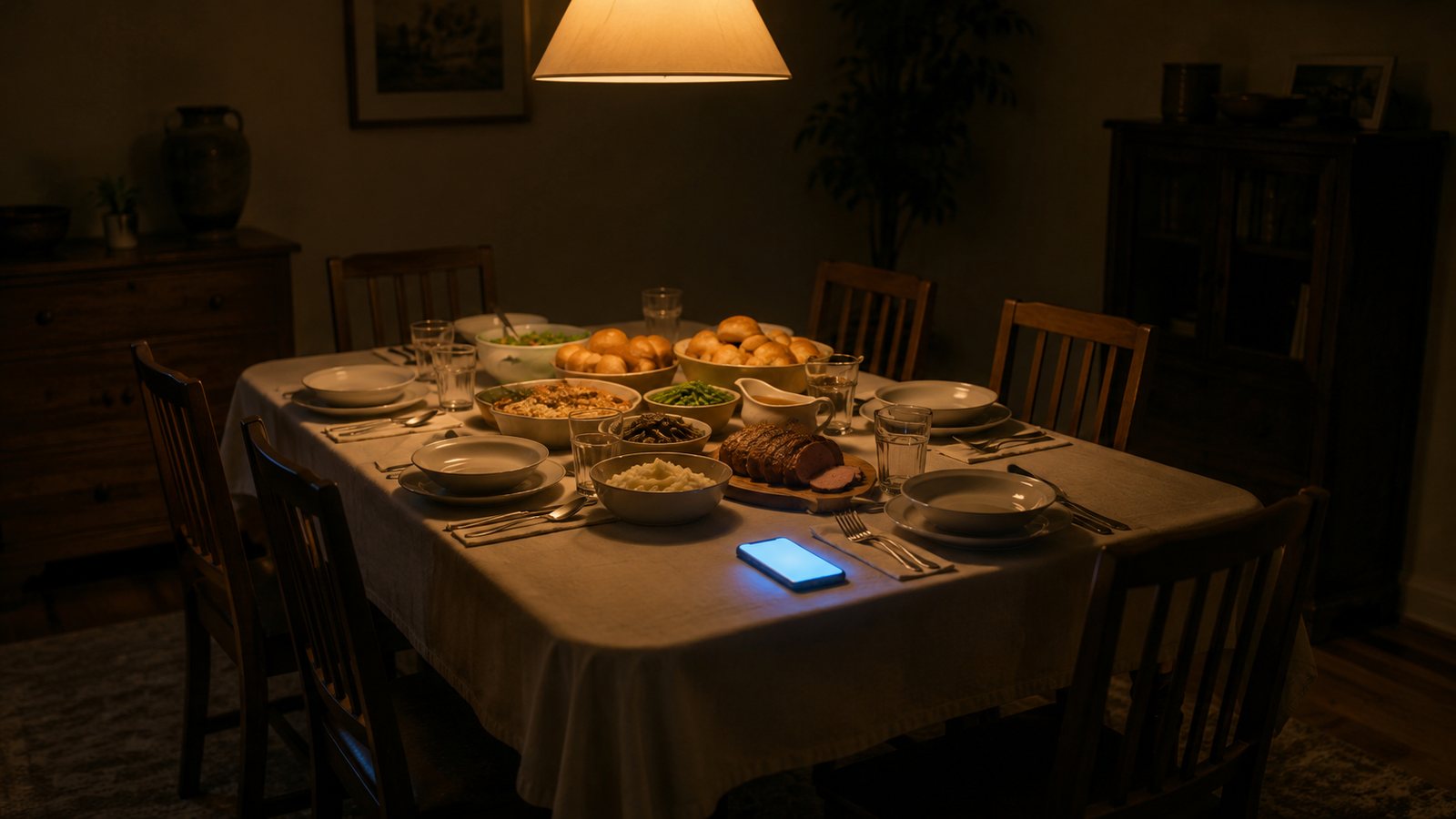 Mesa de comedor servida al anochecer, con un teléfono encendido sobre el mantel
