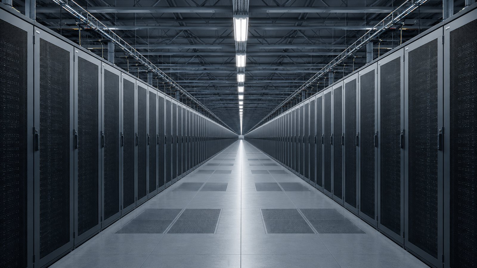 Pasillo interminable y simétrico de un centro de datos, iluminado en luz fría