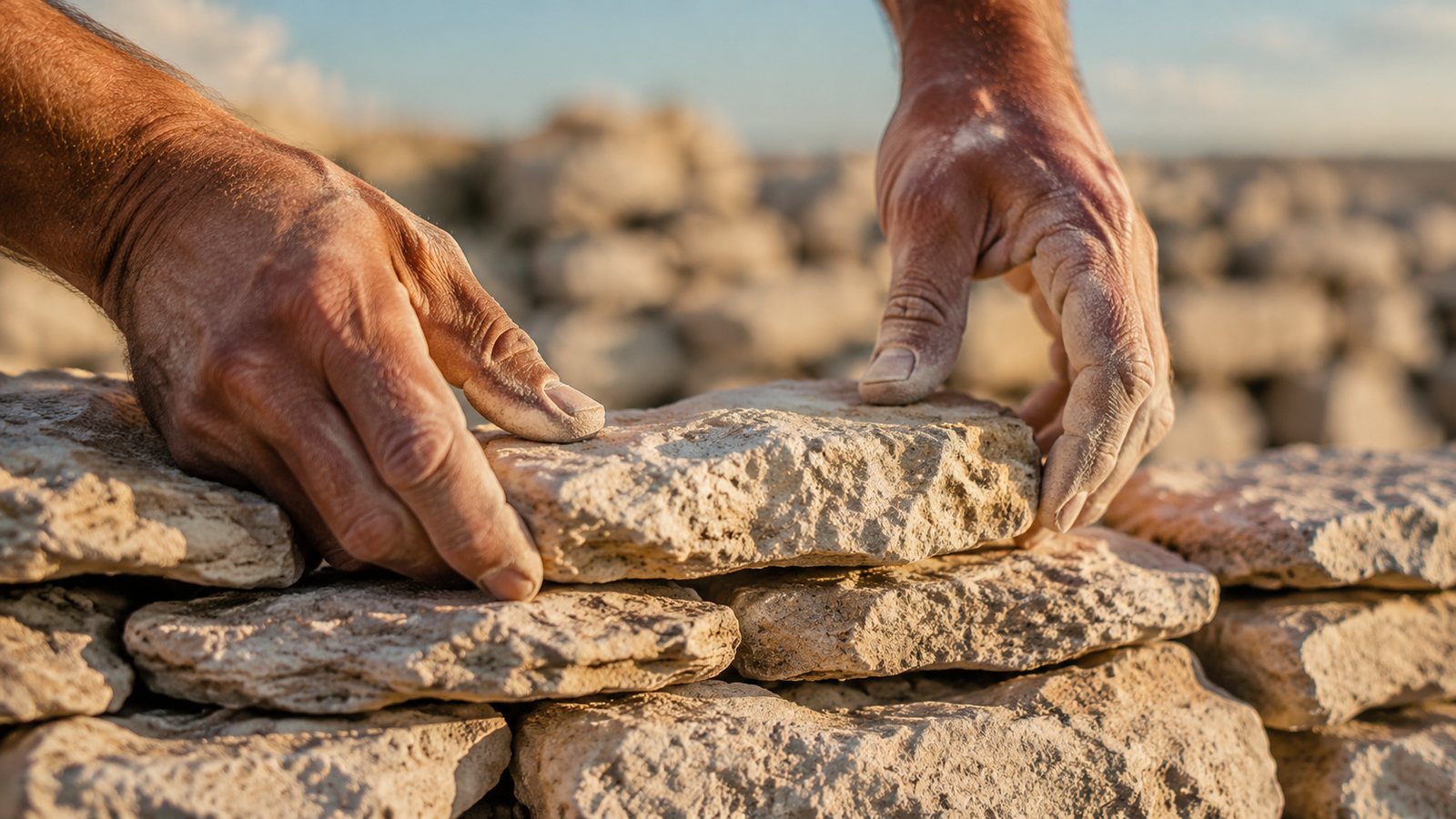 Dos manos asentando una piedra sobre un muro antiguo, a la luz del atardecer
